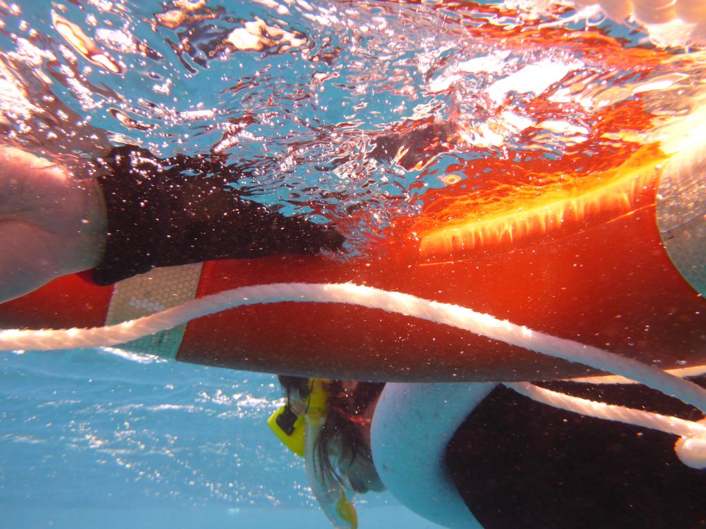 Miaomiao with life belt, viewed from underwater