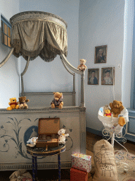 Bed with plush bears at the bear room at the second floor of the main building of the Heeswijk Castle, during the `Sint op het Kasteel 2022` event