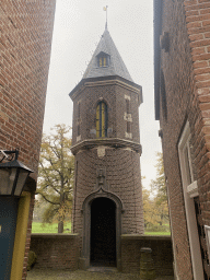 Small tower of the Heeswijk Castle, viewed from the outer square at the main building, during the `Sint op het Kasteel 2022` event