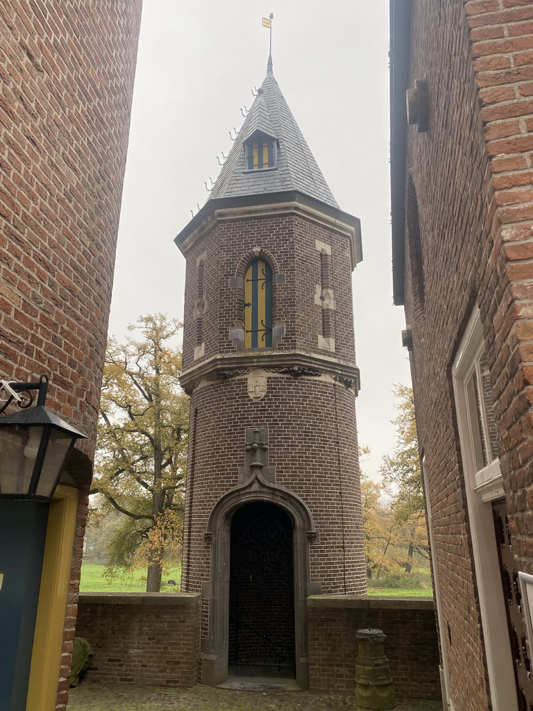 Small tower of the Heeswijk Castle, viewed from the outer square at the main building, during the `Sint op het Kasteel 2022` event