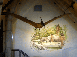 Pterosaur statue and wall painting at the main room of the main building of the HistoryLand museum