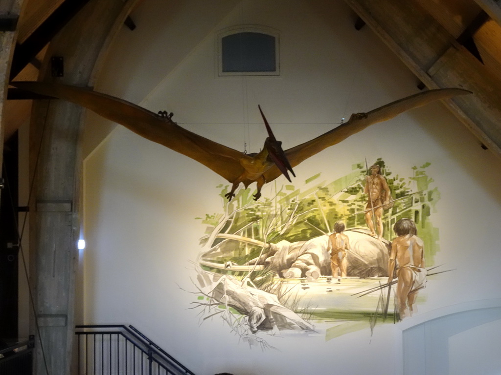 Pterosaur statue and wall painting at the main room of the main building of the HistoryLand museum