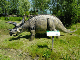 Triceratops statue at the Dinopark area at the HistoryLand museum, with explanation
