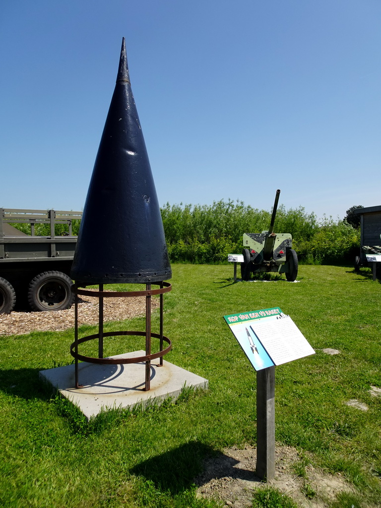 Tip of a V2 rocket at the Oorlogsveld area at the HistoryLand museum, with explanation