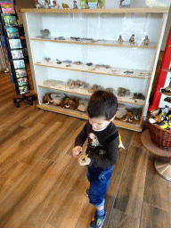 Max with toy dinosaurs in the souvenir shop at the ground floor of the main building of the HistoryLand museum