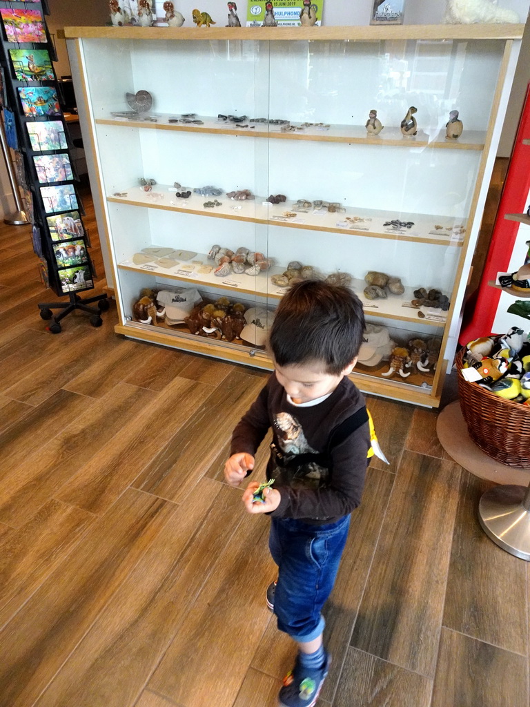 Max with toy dinosaurs in the souvenir shop at the ground floor of the main building of the HistoryLand museum