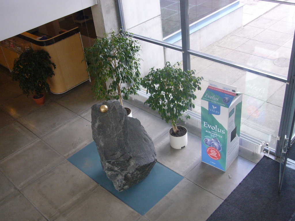 Rock and carton jug in the lobby of the headquarters of the Valio company, viewed from above