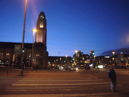 Southeast side of the Helsinki Central Railway Station at the Kaivokatu street, by night