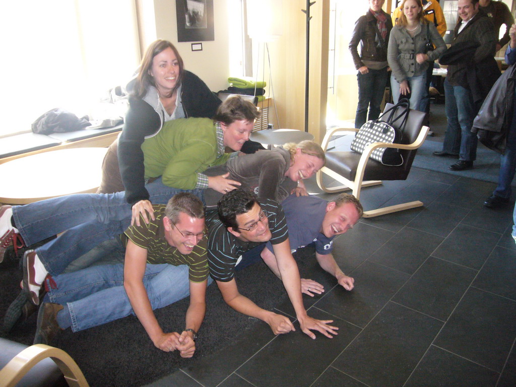 Miaomiao`s colleagues in the lobby of the Helka Hotel