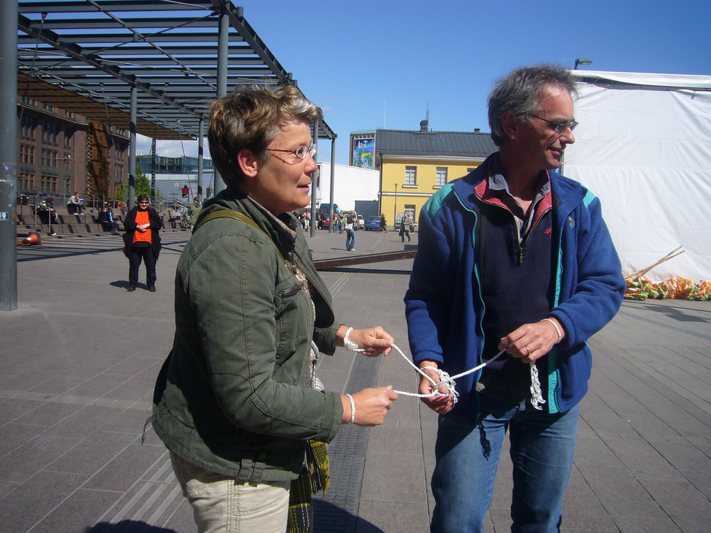 Miaomiao`s colleagues playing games at the Tennispalatsinaukio square