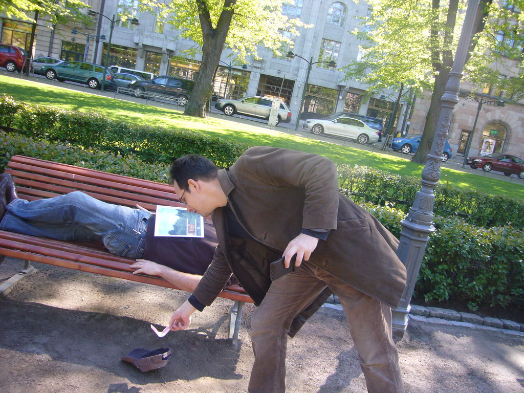 Miaomiao`s colleagues with a bench at the Esplanadi park