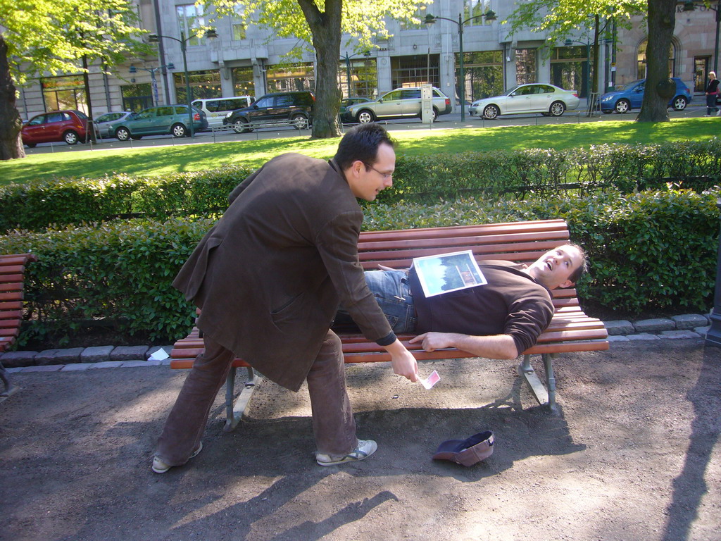 Miaomiao`s colleagues with a bench at the Esplanadi park