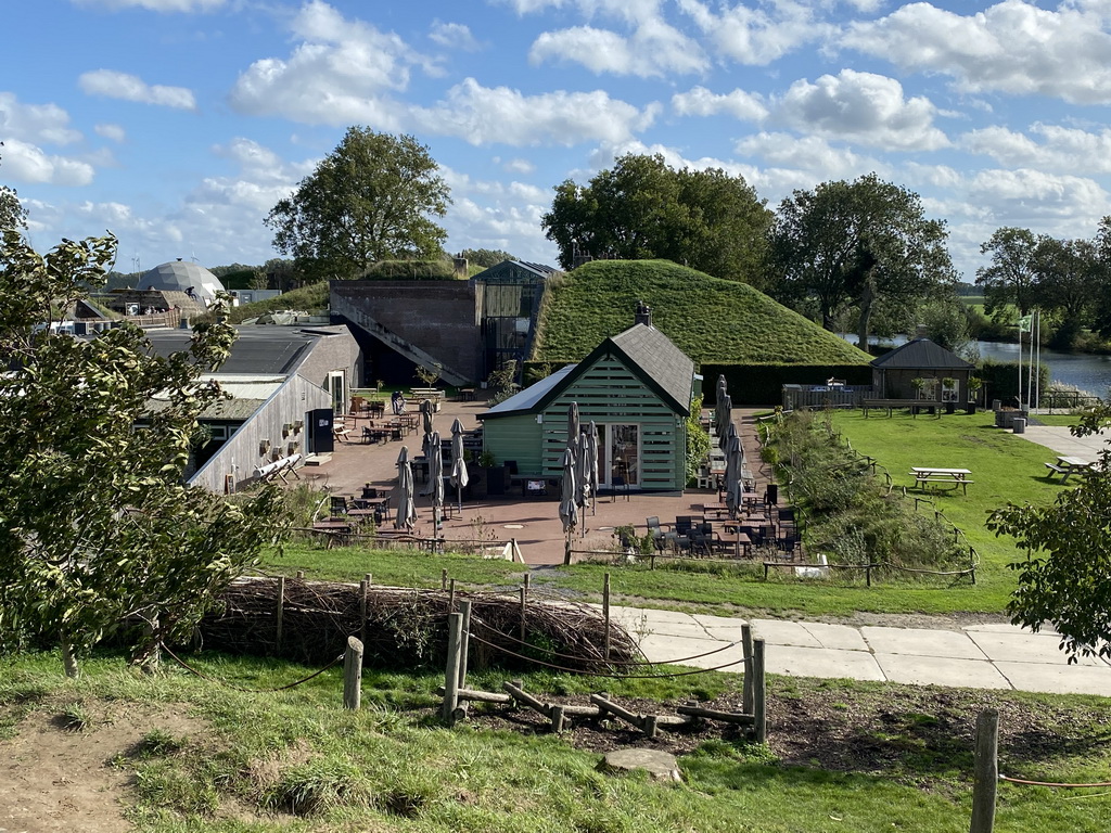 The GeoFort Wereld pancake restaurant, the Entrance Building and the northwest side of the Kazerne building of the GeoFort, viewed from the Bat Playground