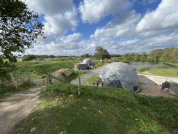 The Straw Bales House, the Expedition Earth attraction and the Climate Quest attraction at the GeoFort, viewed from the hill