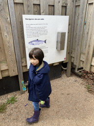 Max with a Minecraft axe and a scent pole at the Salmon Maze at the GeoFort