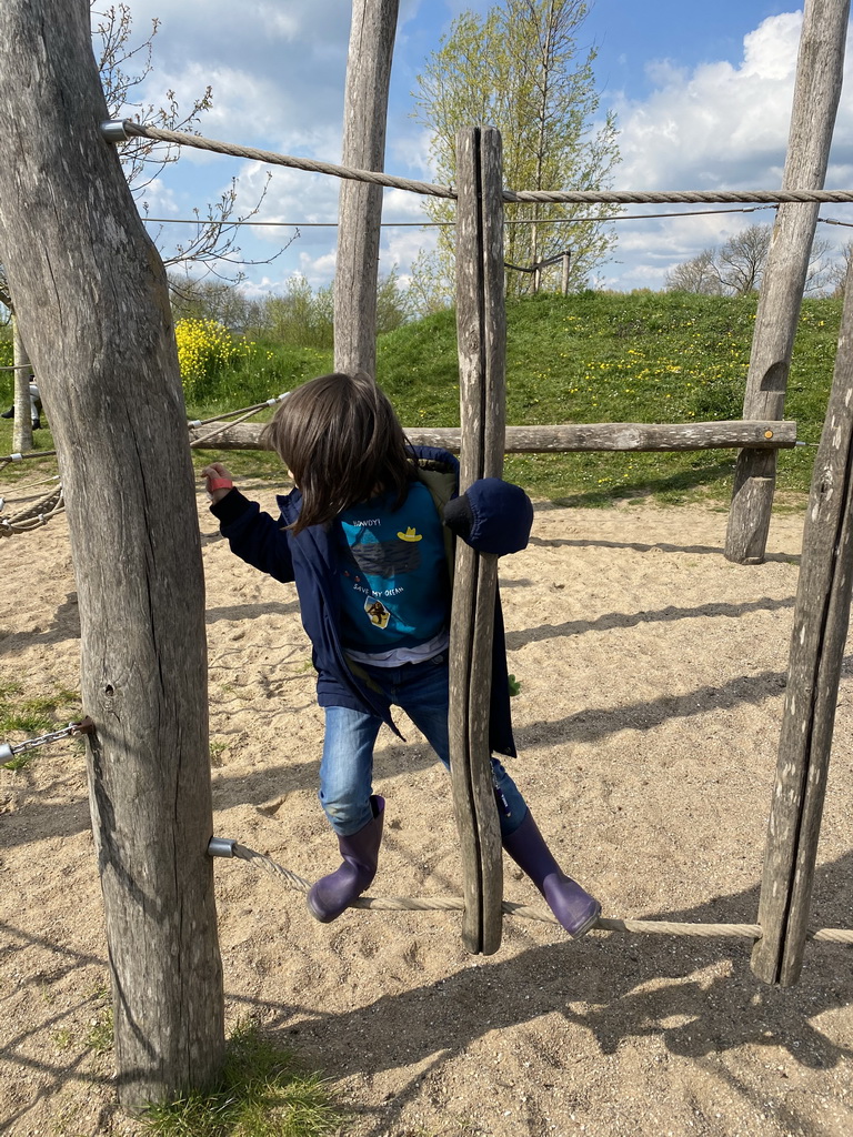 Max on a rope bridge at the Bat Playground at the GeoFort