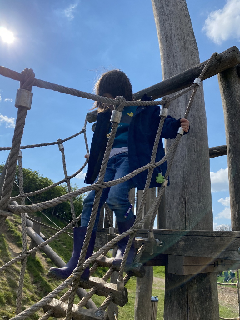 Max on a rope bridge at the Bat Playground at the GeoFort