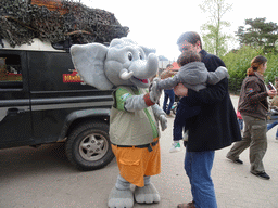 Tim and Max with the mascot `Djambo` after the Djambo Show near the Kongo restaurant at the Safaripark Beekse Bergen