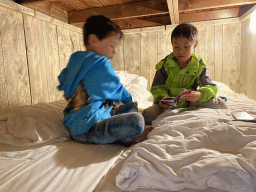 Max and his friend in the closet-bed in our safari tent at the Safari Resort at the Safaripark Beekse Bergen