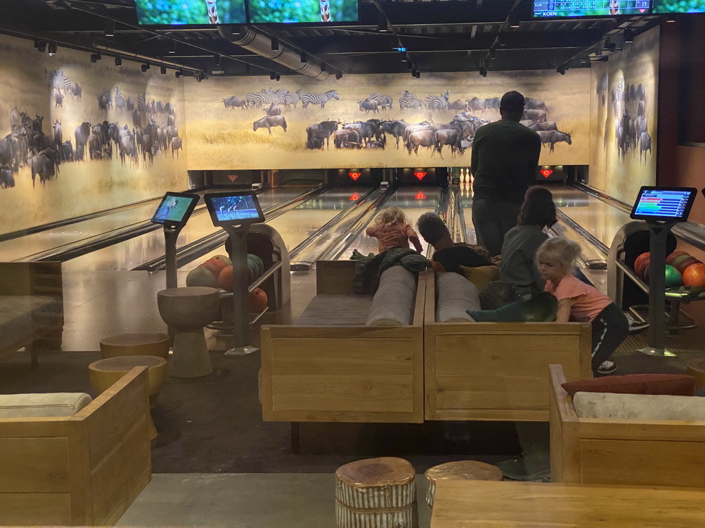 Interior of the bowling alley at Karibu Town at the Safari Resort at the Safaripark Beekse Bergen