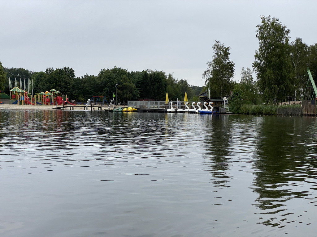 The Speelstraat playground and the Adventure Island at Speelland Beekse Bergen, viewed from the pedal boat