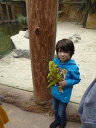 Max with his plush crocodile toy and Nile Crocodiles at the Hippopotamus and Crocodile enclosure at the Safaripark Beekse Bergen