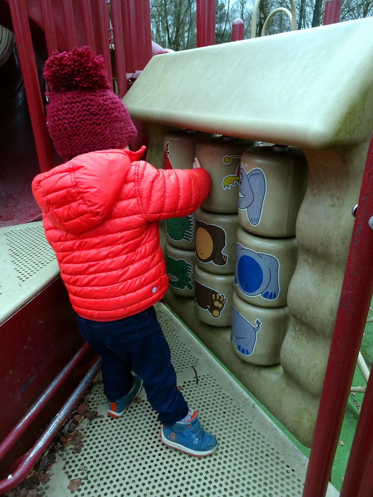 Max at the playground at the Safariplein square at the Safaripark Beekse Bergen, during the Winterdroom period