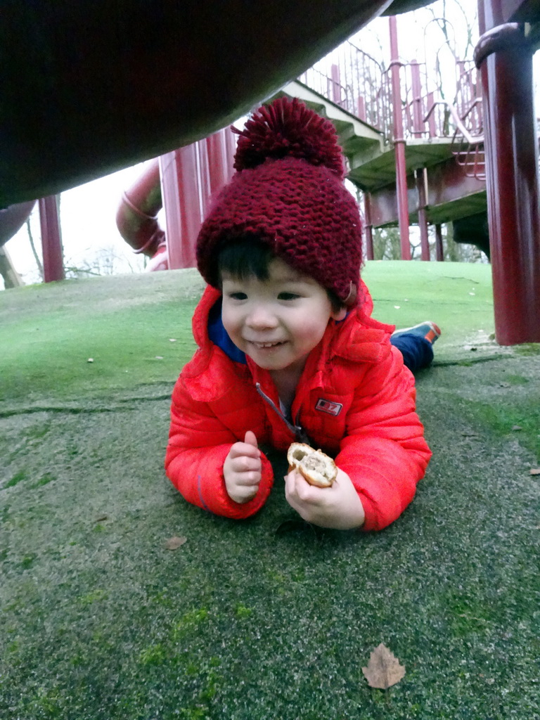 Max at the playground at the Safariplein square at the Safaripark Beekse Bergen, during the Winterdroom period