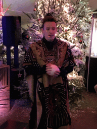 Story teller at the Verhalenverteller attraction at the Kongoplein square at the Safaripark Beekse Bergen, during the Winterdroom period, at sunset