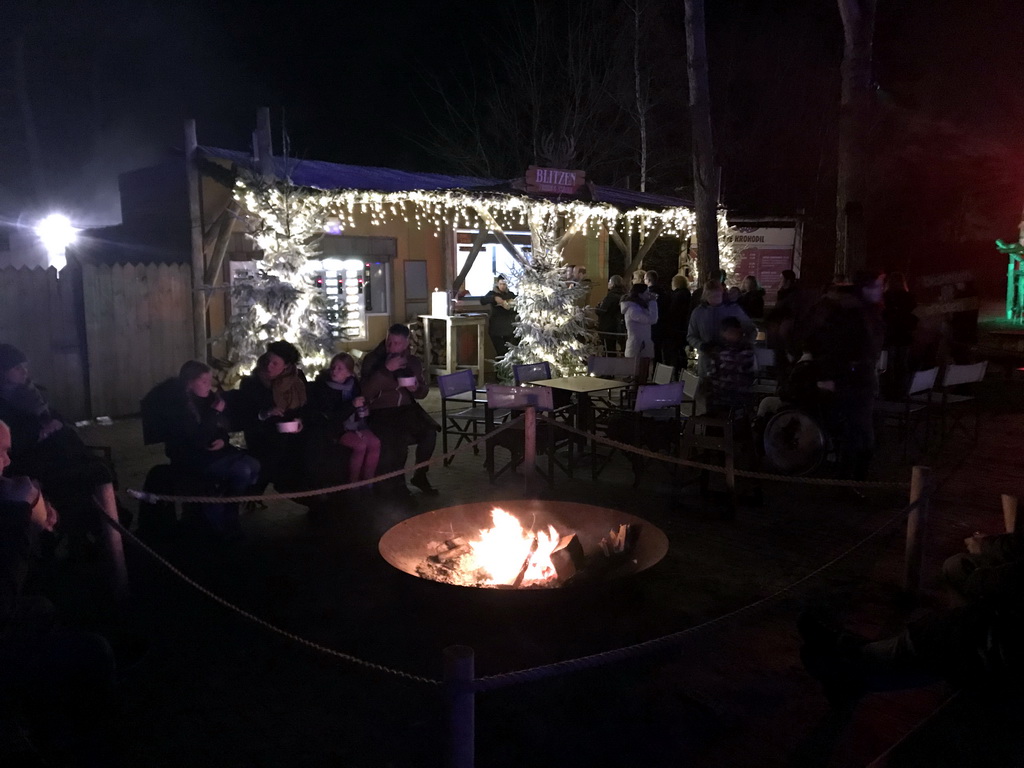 Bonfire at the Kongoplein square at the Safaripark Beekse Bergen, during the Winterdroom period, by night