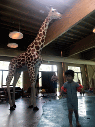 Max with a statue of a Giraffe at the Maji Springs swimming pool at Karibu Town at the Safari Resort at the Safaripark Beekse Bergen