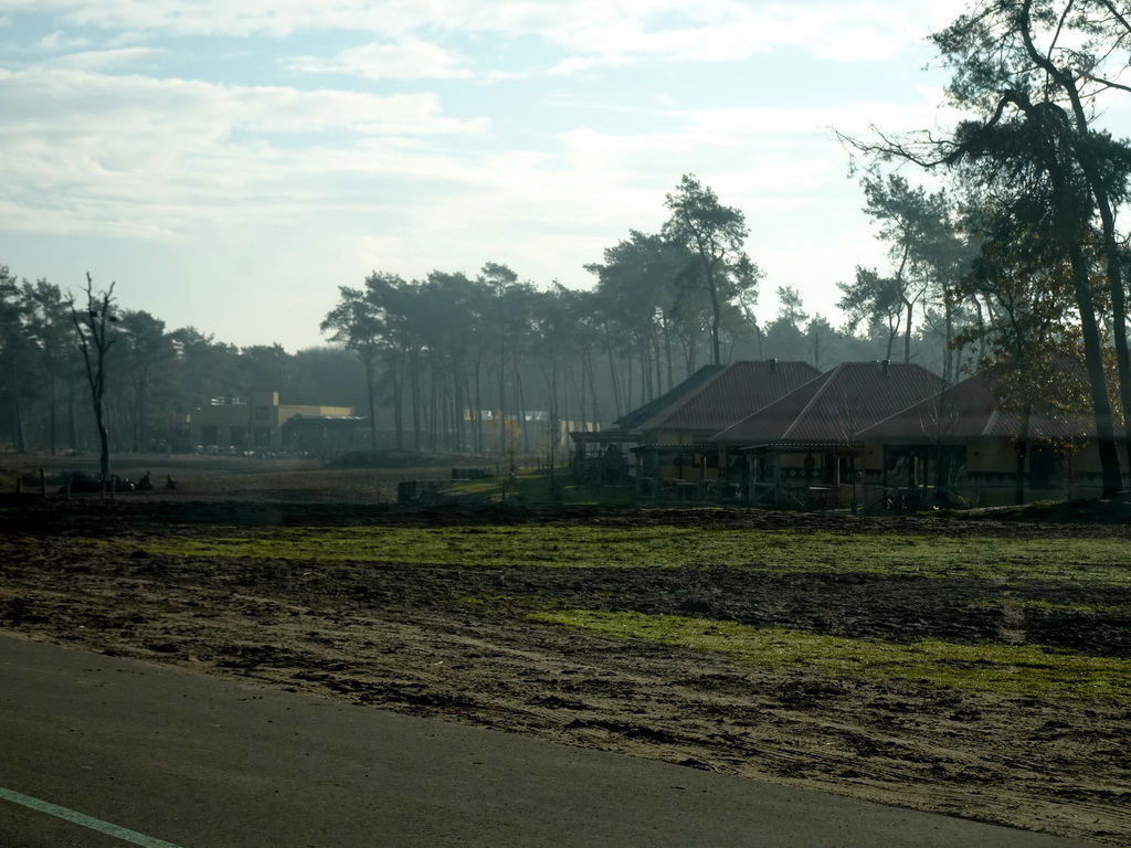Karibu Town and holiday homes of the Safari Resort at the Safaripark Beekse Bergen, viewed from the car during the Autosafari