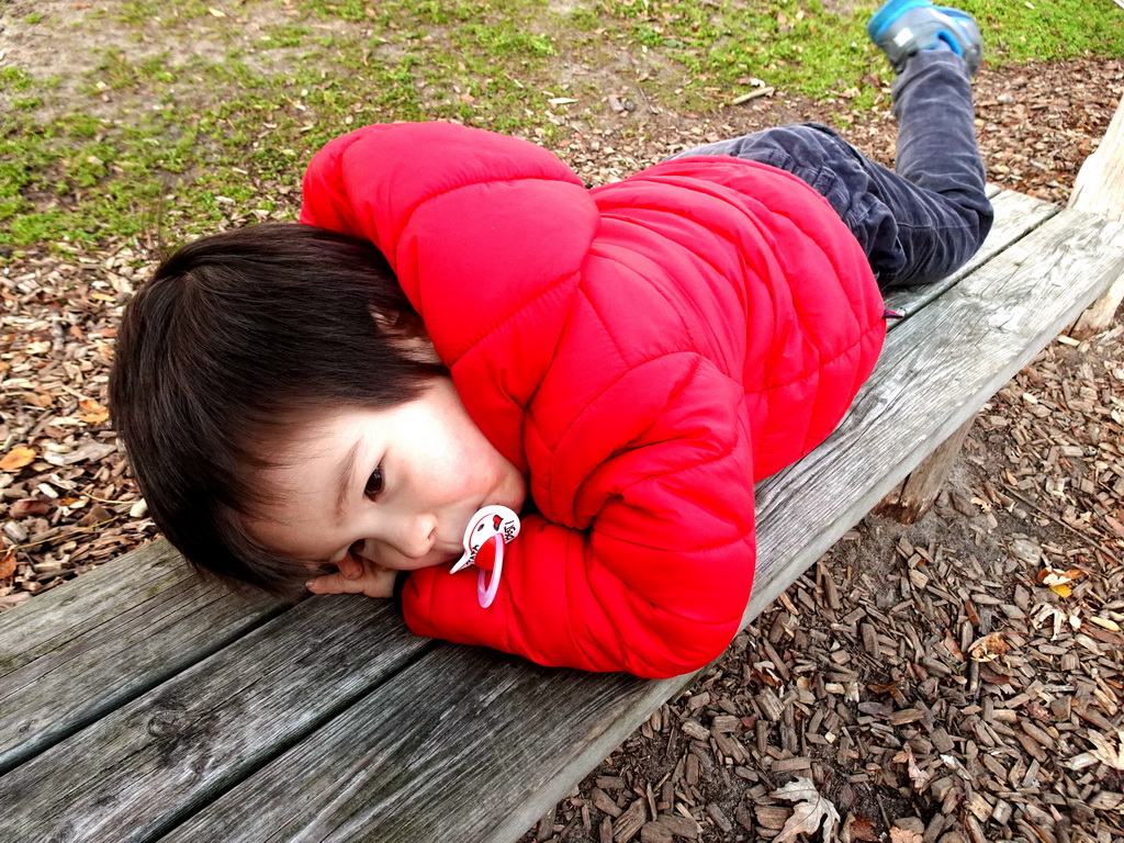 Max on a bench at the playground near the Kongo restaurant at the Safaripark Beekse Bergen
