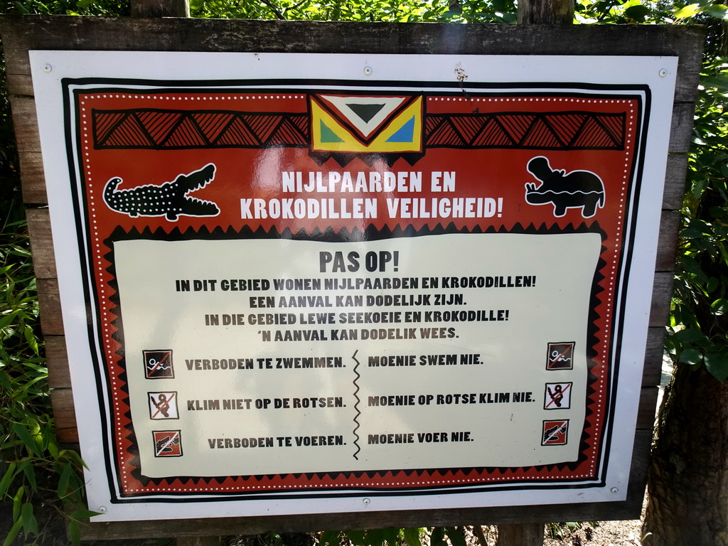 Sign in front of the Hippopotamus and Crocodile enclosure at the Safaripark Beekse Bergen