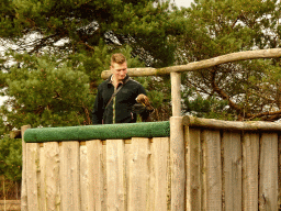 Zookeeper with a Falcon at the Birds of Prey Safari area at the Safaripark Beekse Bergen