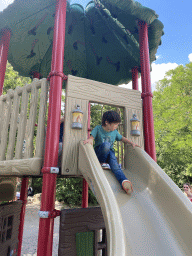 Max on a slide at the playground near the Hamadryas Baboons at the Safaripark Beekse Bergen