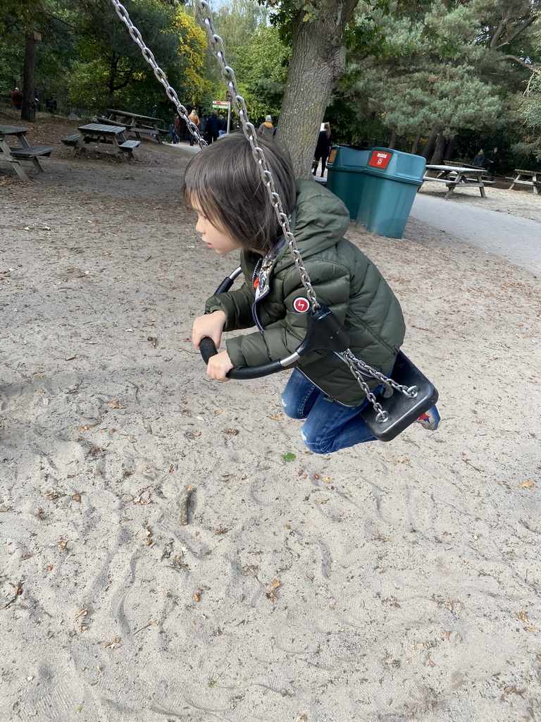 Max on a swing at the playground of the Afrikadorp village at the Safaripark Beekse Bergen