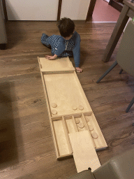 Max playing shuffleboard in the living room of our holiday home at the Landal Miggelenberg holiday park