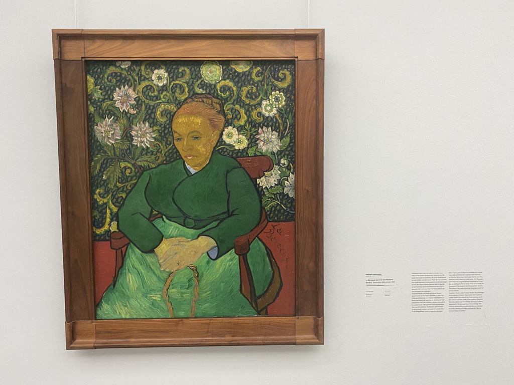 Painting `La Berceuse (portrait of Madame Roulin)` by Vincent van Gogh at the Van Gogh Gallery at the Kröller-Müller Museum, with explanation