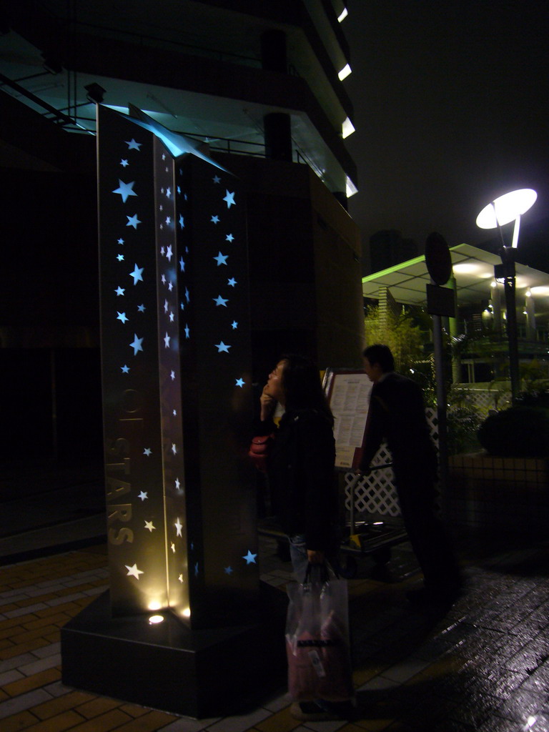 Miaomiao`s friend at a sign at the Avenue of Stars, by night