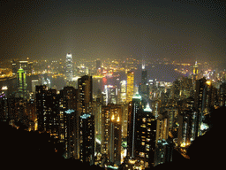 The Bank of China Tower, the Cheung Kong Centre, Two International Finance Centre, The Centre, other skyscrapers in the city center and Victoria Harbour, viewed from Victoria Peak, by night