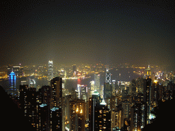 The Bank of China Tower, the Cheung Kong Centre, Two International Finance Centre, The Centre, other skyscrapers in the city center and Victoria Harbour, viewed from Victoria Peak, by night