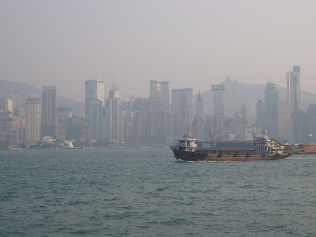 Boats in Victoria Harbour and the skyline of Hong Kong, viewed from the Avenue of Stars