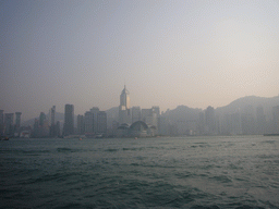 Victoria Harbour and the skyline of Hong Kong with the Central Plaza building and the Hong Kong Convention and Exhibition Centre, viewed from the Avenue of Stars