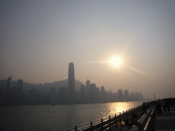 The Kowloon Public Pier, Victoria Harbour and the skyline of Hong Kong with the Two International Finance Centre and Victoria Peak