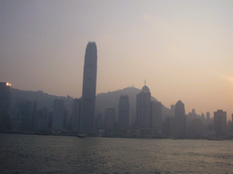 Victoria Harbour and the skyline of Hong Kong with the Two International Finance Centre and Victoria Peak, viewed from the Star Ferry from Kowloon to Hong Kong Island