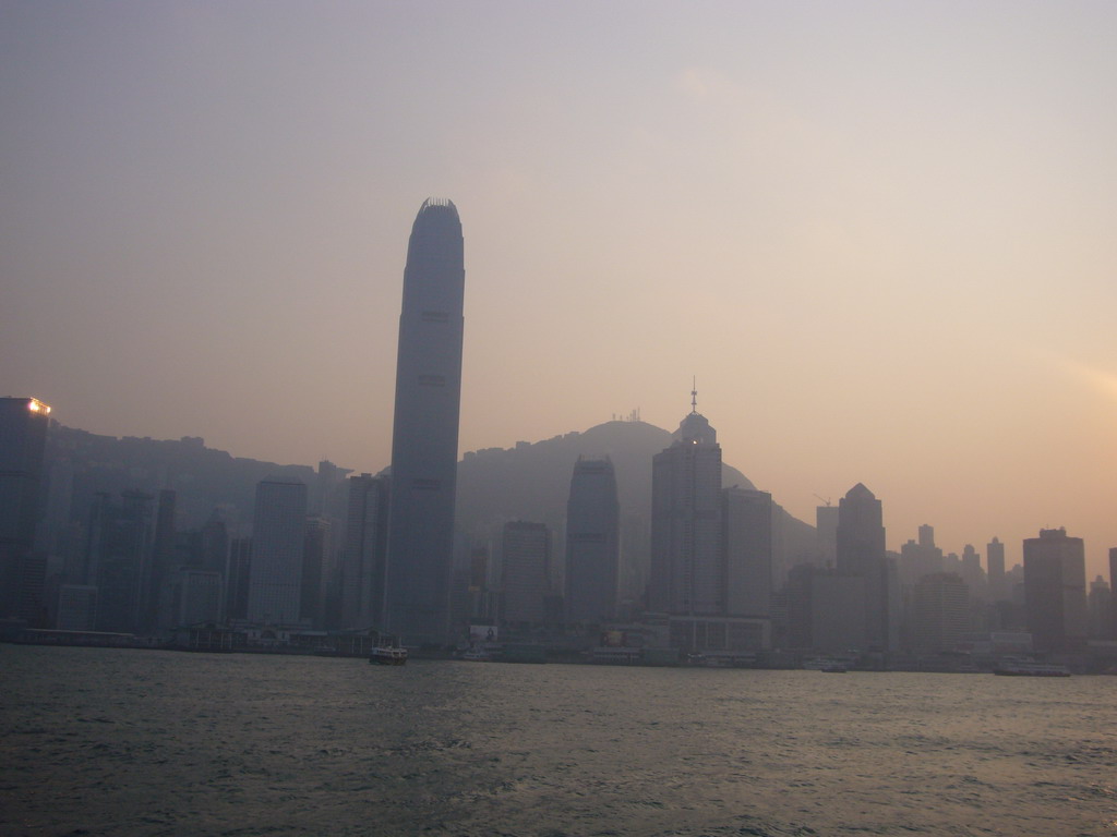 Victoria Harbour and the skyline of Hong Kong with the Two International Finance Centre and Victoria Peak, viewed from the Star Ferry from Kowloon to Hong Kong Island