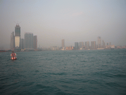 Victoria Harbour and the skyline of Kowloon with the International Commerce Centre, under construction, viewed from the Star Ferry from Kowloon to Hong Kong Island