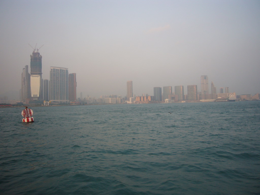 Victoria Harbour and the skyline of Kowloon with the International Commerce Centre, under construction, viewed from the Star Ferry from Kowloon to Hong Kong Island