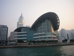 Victoria Harbour and the skyline of Hong Kong with the Hong Kong Convention and Exhibition Centre and the Central Plaza building, viewed from the Star Ferry from Kowloon to Hong Kong Island